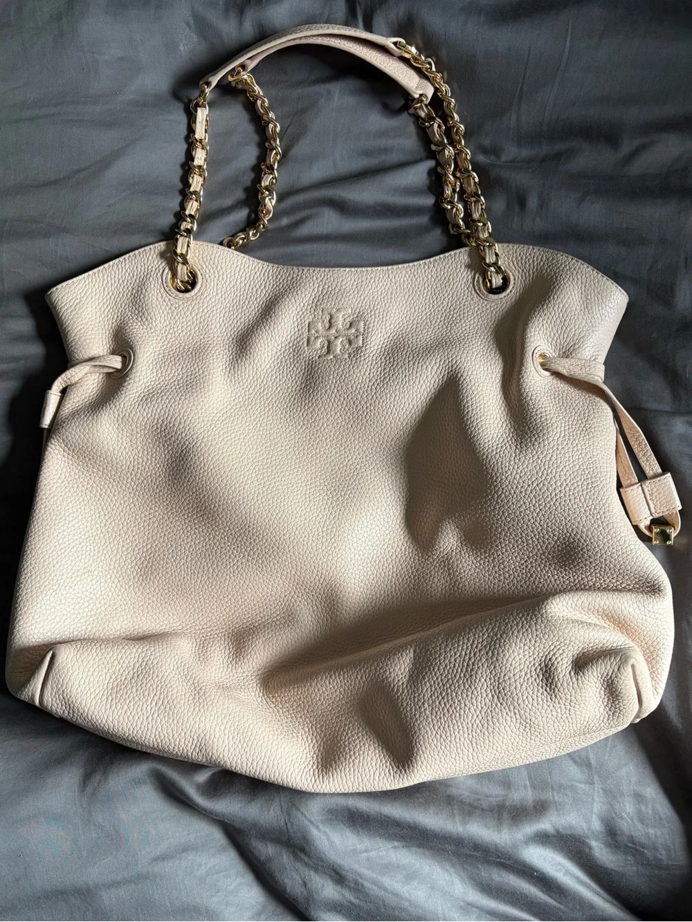 Tory Burch Soft Blush Pebbled Leather Tote with Gold Chain Handles